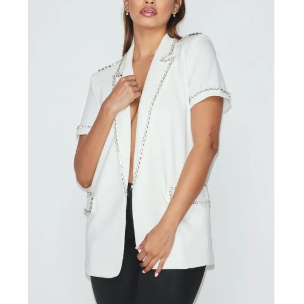 NWT White Rhinestones Embellished Open Bling'd Out Blazer